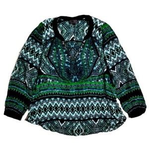 Hale Bob Shirt Womens Medium Silk Boho Aztec Pattern Beaded V-Neck Long Sleeve
